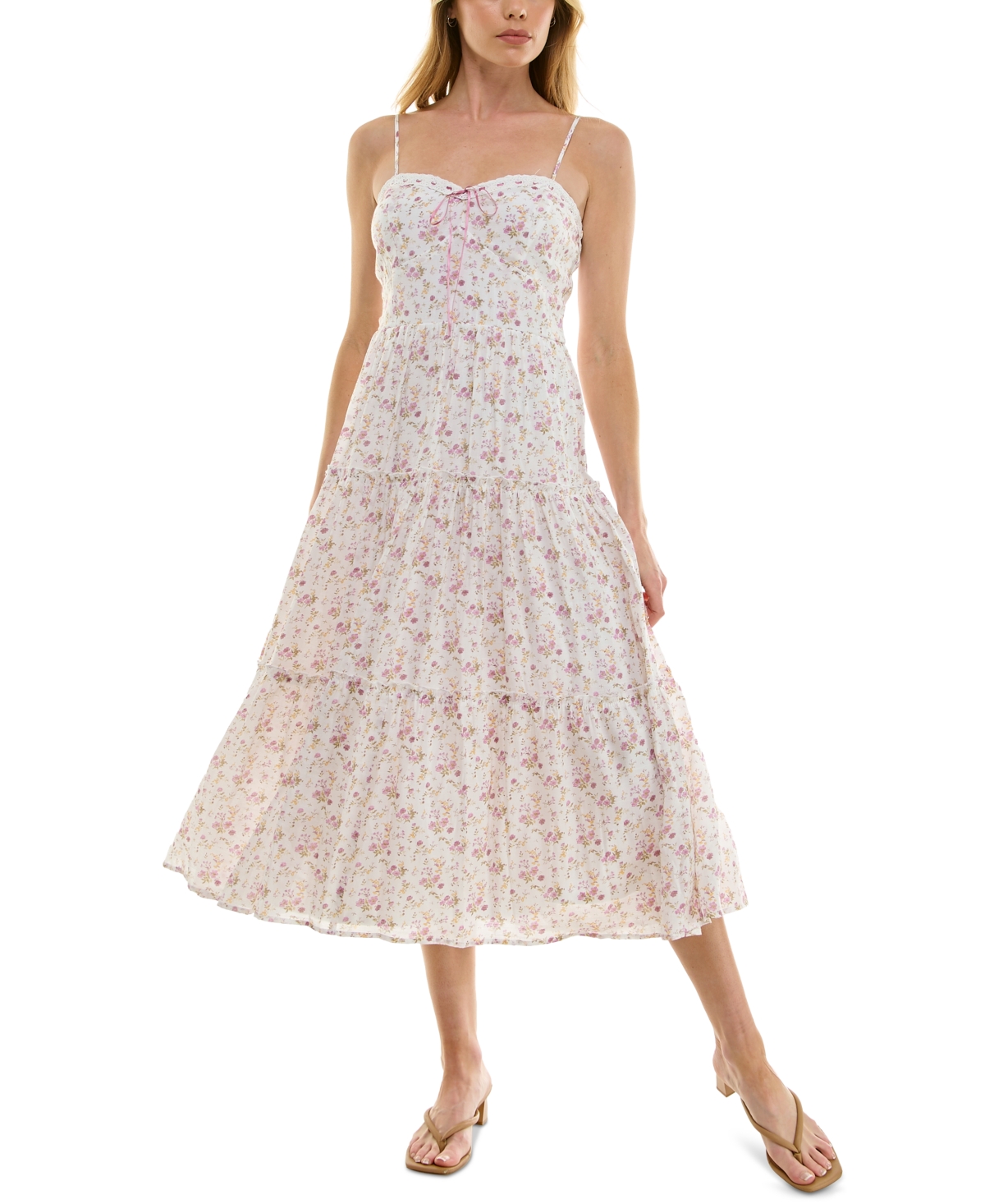 Juniors' Floral-Print Tiered Midi Dress - Whtlilac