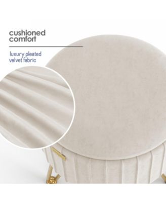 Pleated Velvet Round Ottoman with Storage – Modern Foot Stool, Makeup Vanity Stool, Small Ottoman Foot Rest