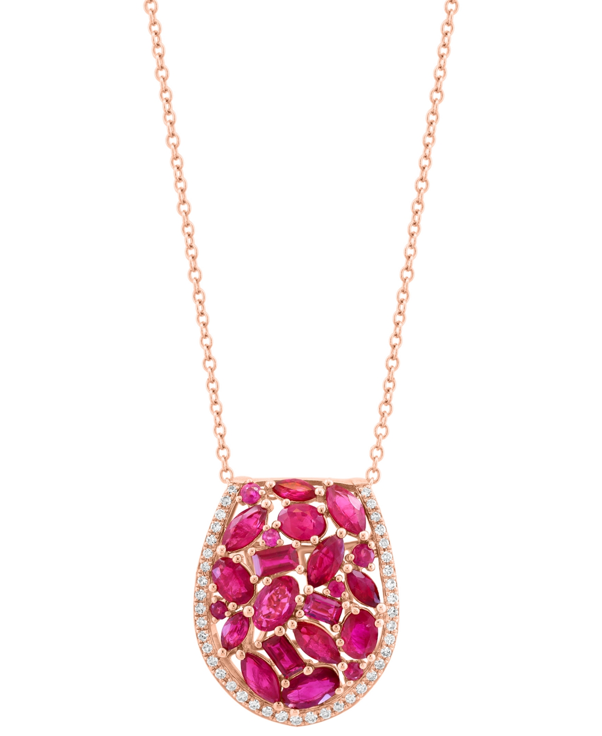 EFFY COLLECTION EFFY RUBY (2-1/2 CT. T.W.) & DIAMOND (1/6 CT. T.W.) MIXED CUT CLUSTER PENDANT NECKLACE IN 14K ROSE G 