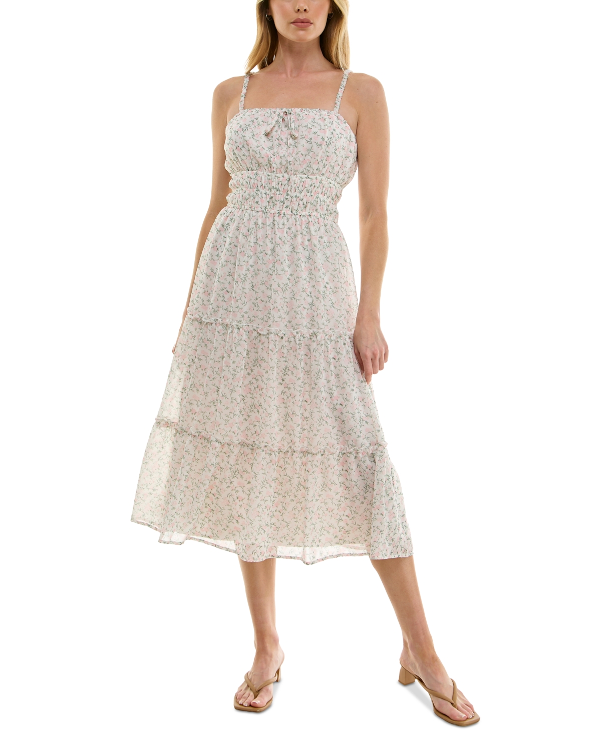 Juniors' Smocked Floral Chiffon Tiered Dress - Ivory Pink Floral