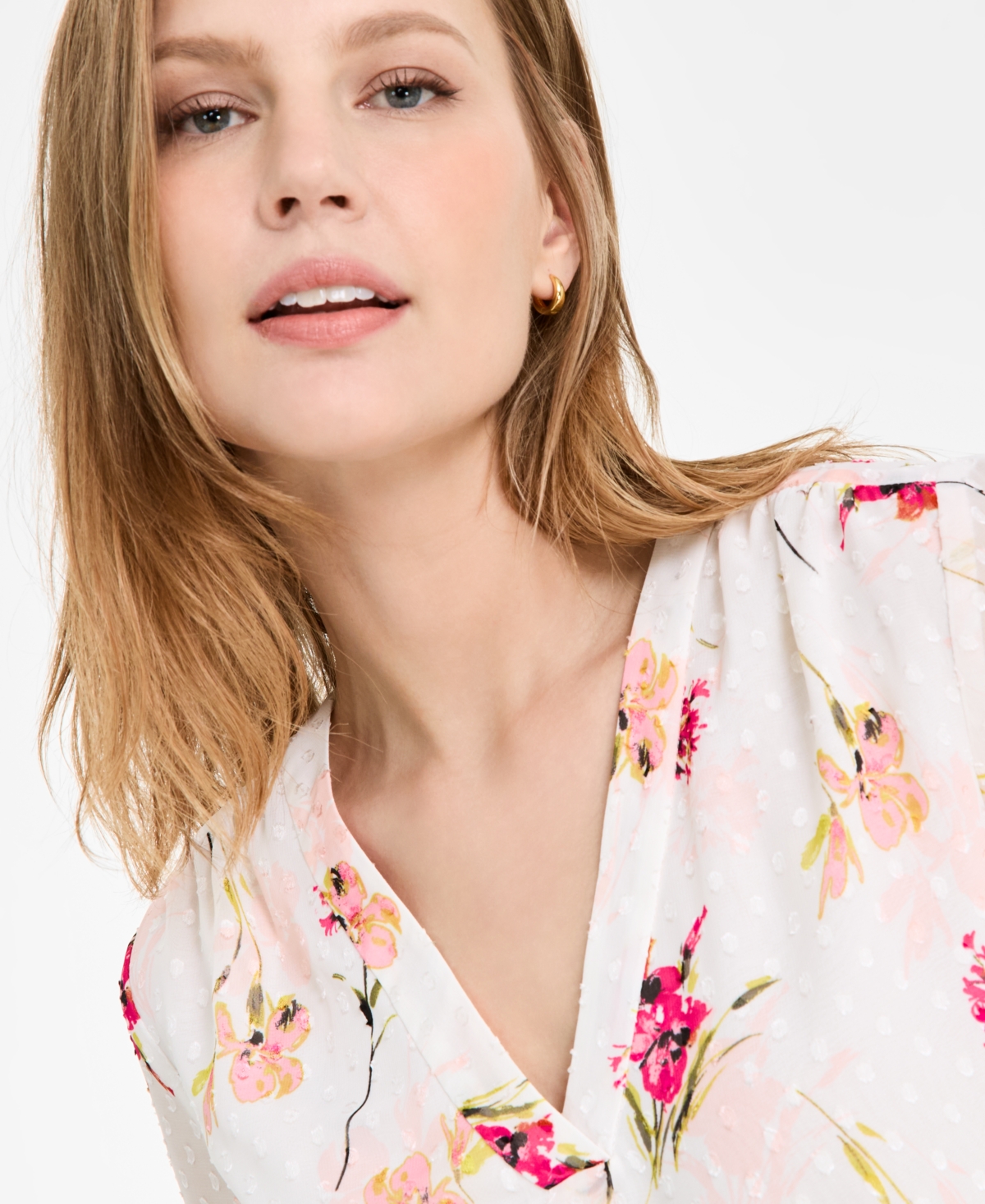 Jones New York Women's Floral-print Chiffon Clip-dot Top In Jones White Multi