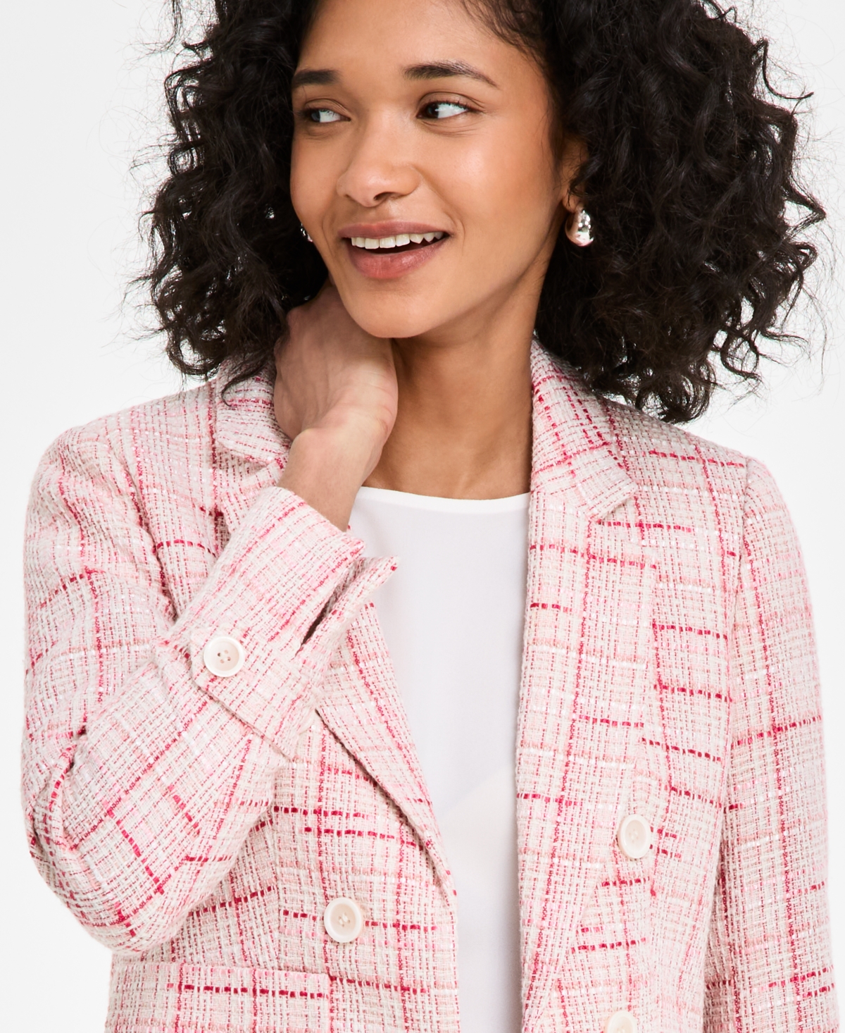 Shop Jones New York Women's Plaid Tweed Blazer In Petal Pink Multi