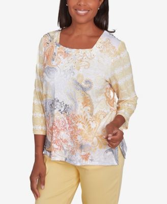 Petite Dress Code Square Neck Paisley Geometric Top