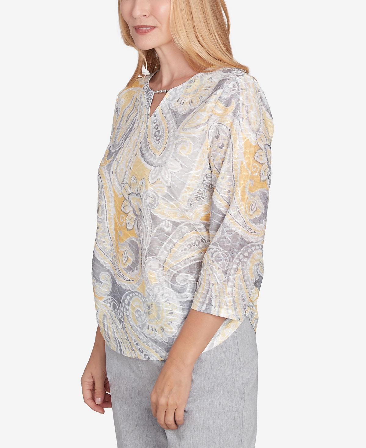 Alfred Dunner Petite Dress Code Textured Paisley Beaded Neck Top In Grey Multi