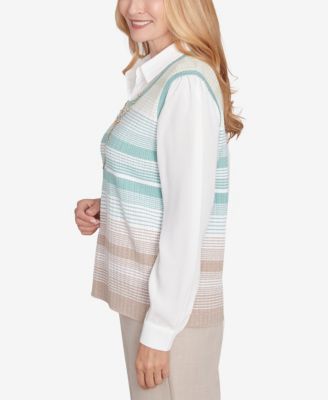 Petite Kensington Gardens Striped Vest Collared Two in One Sweater with Necklace