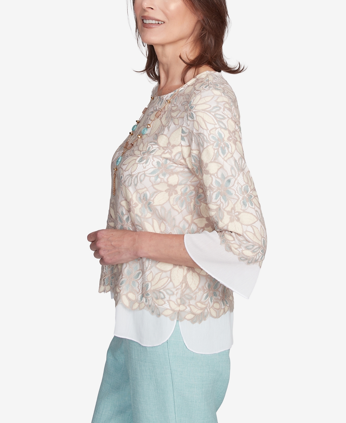 Alfred Dunner Petite Kensington Gardens Floral Lace Woven Trim Top With Necklace In Neutral Multi