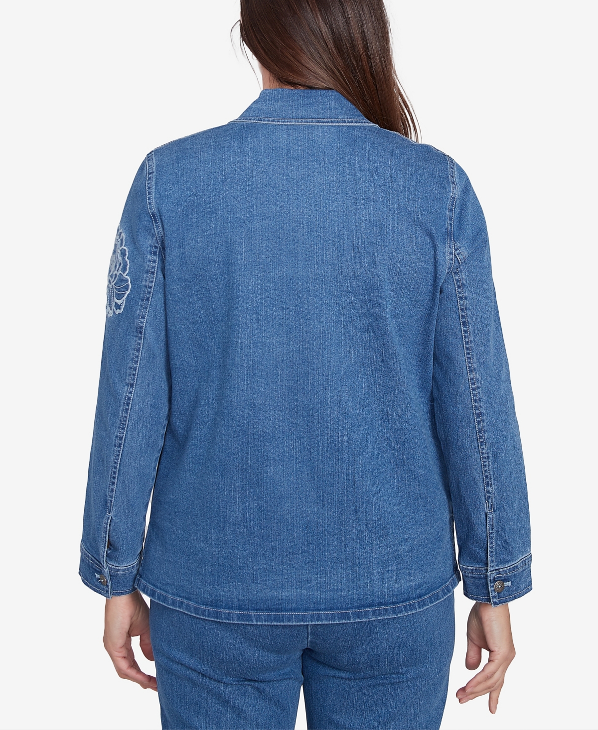 Alfred Dunner Petite Free Spirit Super Stretch Floral Denim Jacket In Medium Denim
