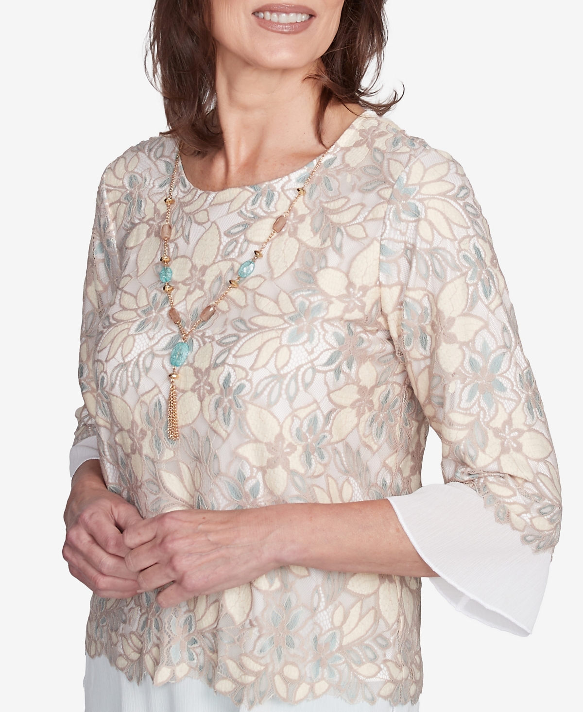 Alfred Dunner Petite Kensington Gardens Floral Lace Woven Trim Top With Necklace In Neutral Multi
