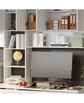 94.5 in. W Large 2 in. 1 Wood Double Computer Desk White Writing Desk  86.6 in. Tall Bookshelf, Drawers  Home Office