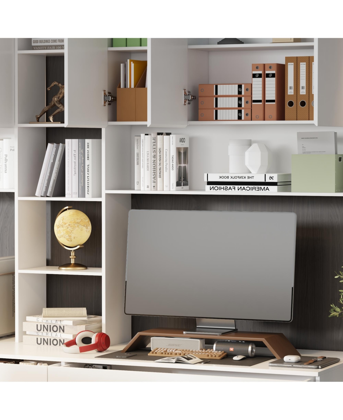 Famapy 94.5 in. W Large 2 in. 1 Wood Double Computer Desk White Writing Desk 86.6 in. Tall Bookshelf, Drawers Home Office