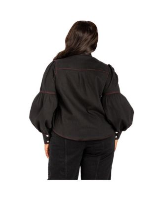 Women's Plus Size Bow Neck Puff Sleeve Denim Blouse