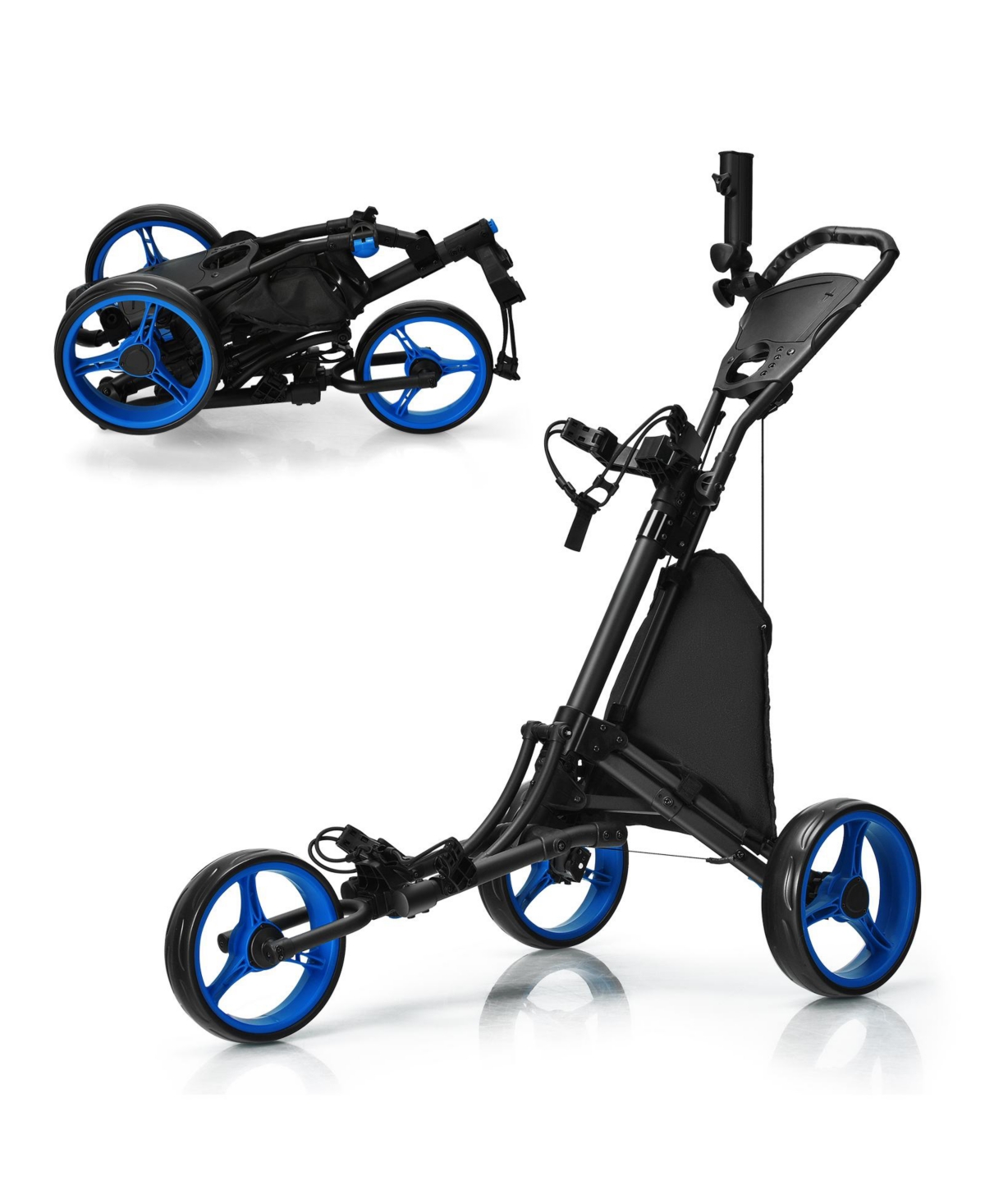 3 Wheels Folding Golf Push Cart with Storage Bag and Scoreboard - Blue