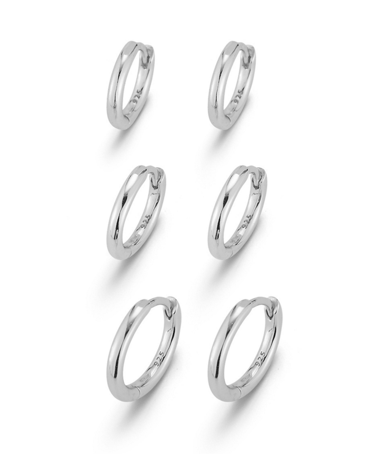 14K Gold Sterling Silver Triple Huggie Hoop Earring 3 Pair Set - Silver