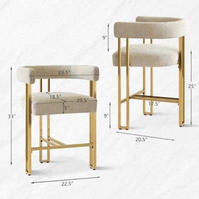 25'' Counter Height Stool with Gold Metal Legs, Chenille Upholstery, Curved Back and Armrest, 1 Unit-Maison Boucle