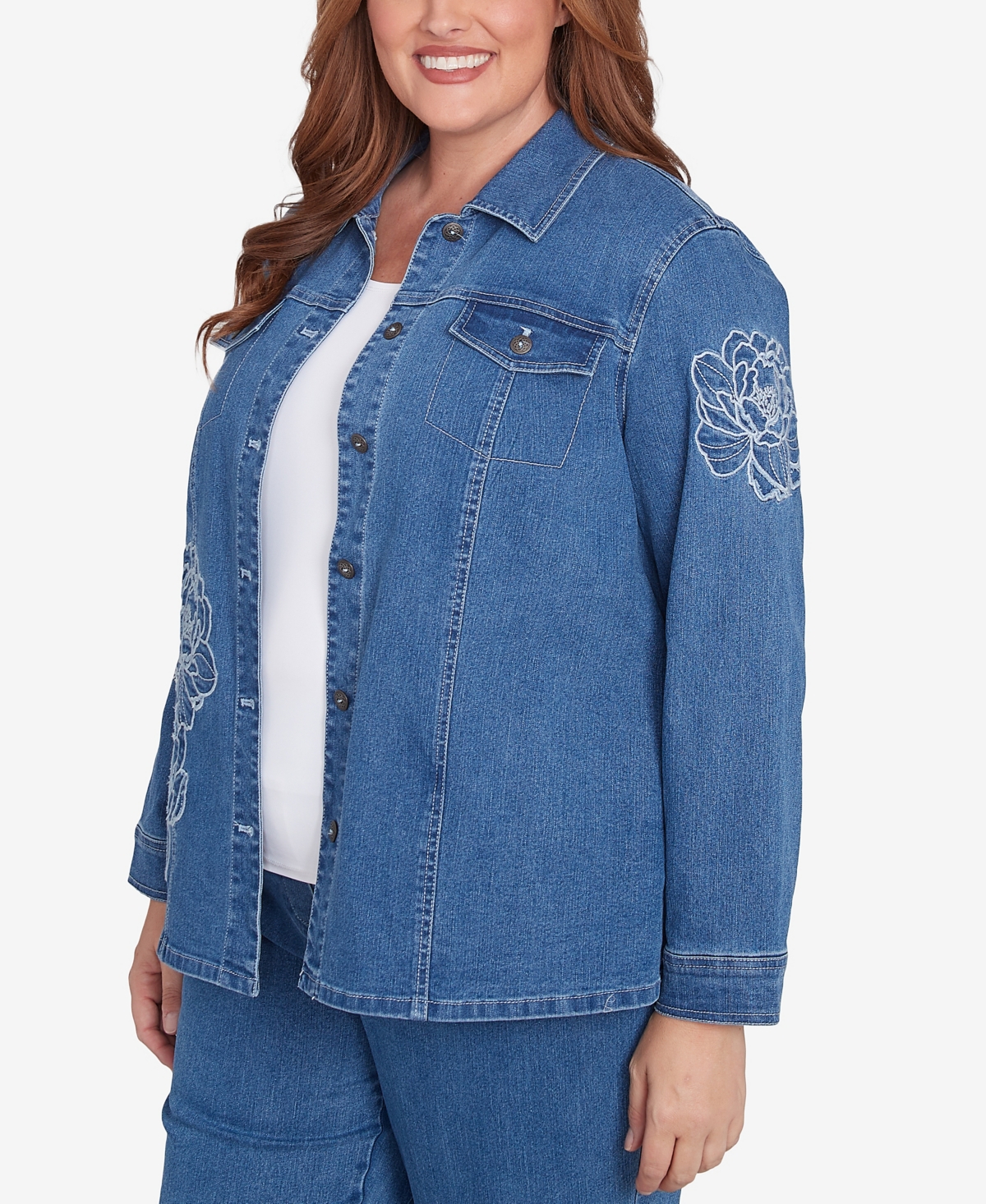 Alfred Dunner Plus Size Free Spirit Super Stretch Floral Denim Jacket In Medium Denim