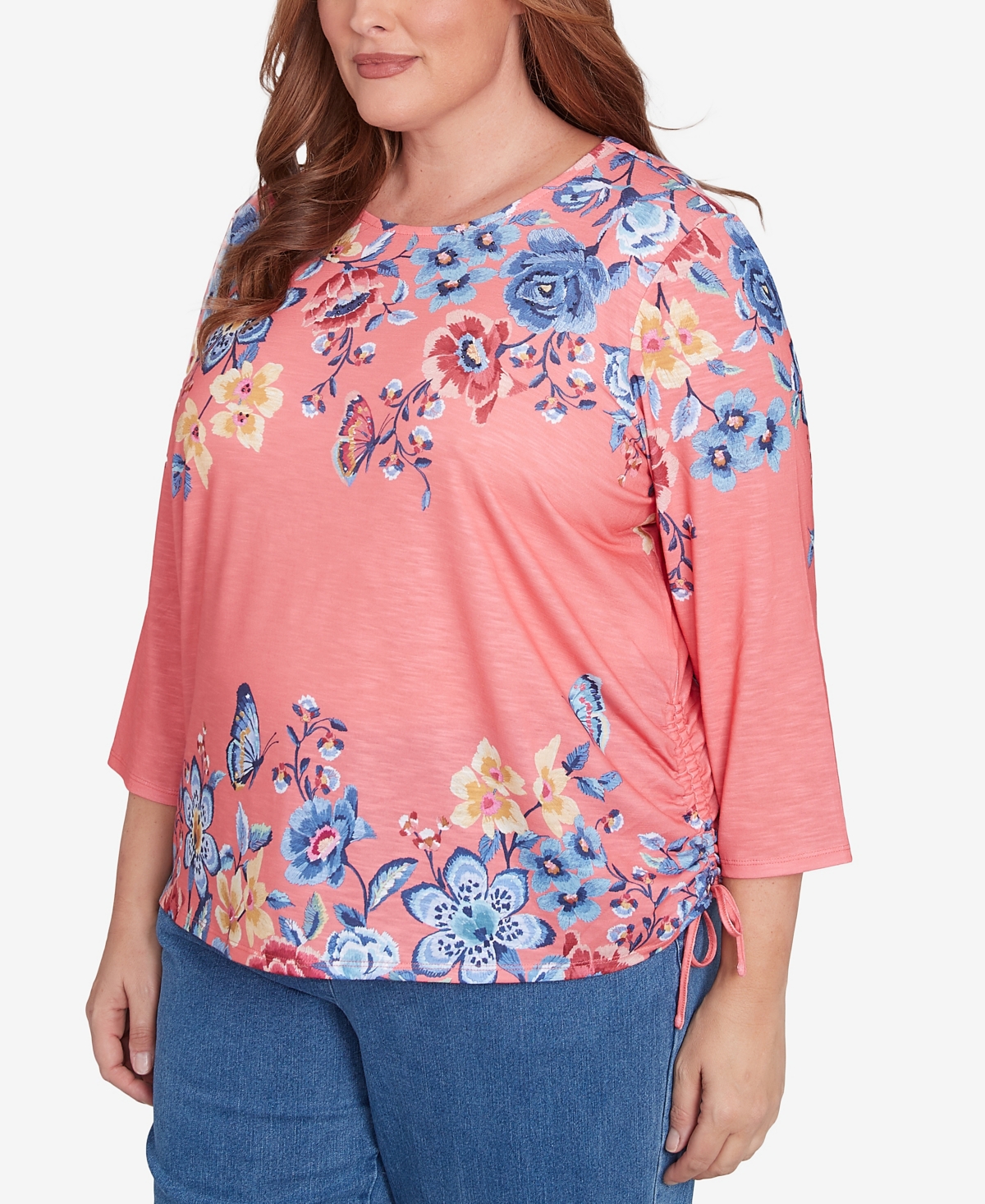 Alfred Dunner Plus Size Free Spirit Showstopping Crew Neck Floral Knit Top In Coral