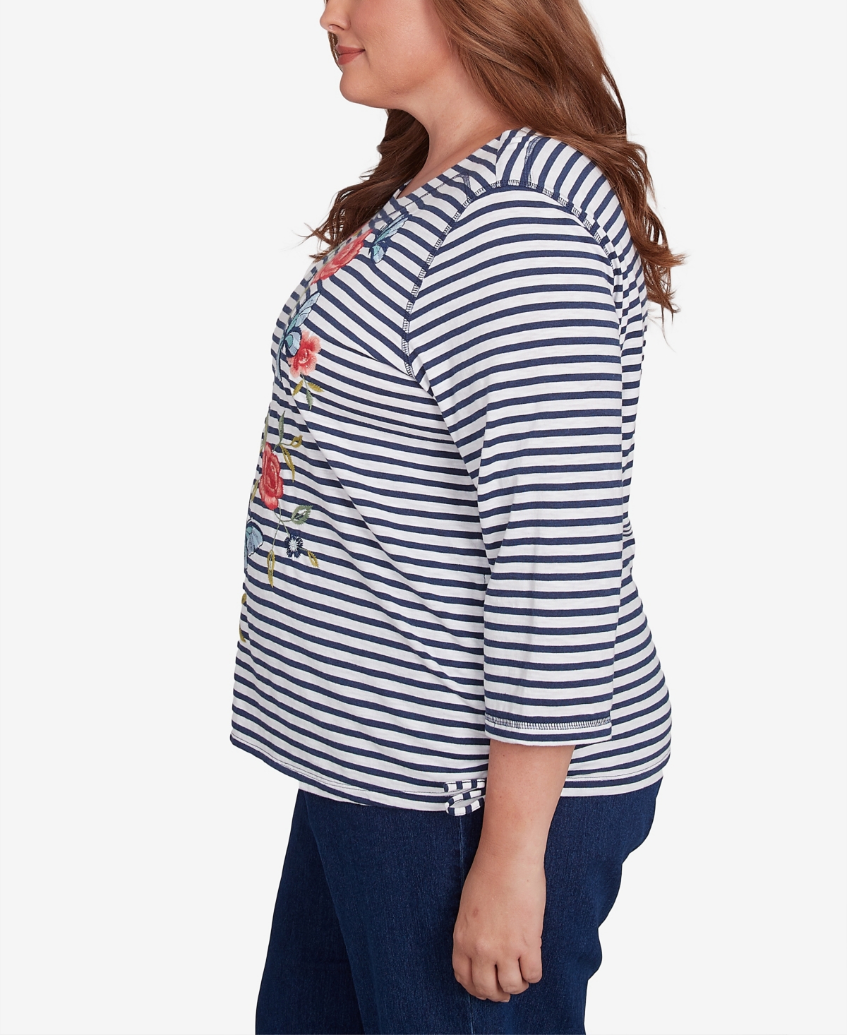 Alfred Dunner Plus Size Free Spirit Striped Butterfly Embroidered Top In Navy Multi