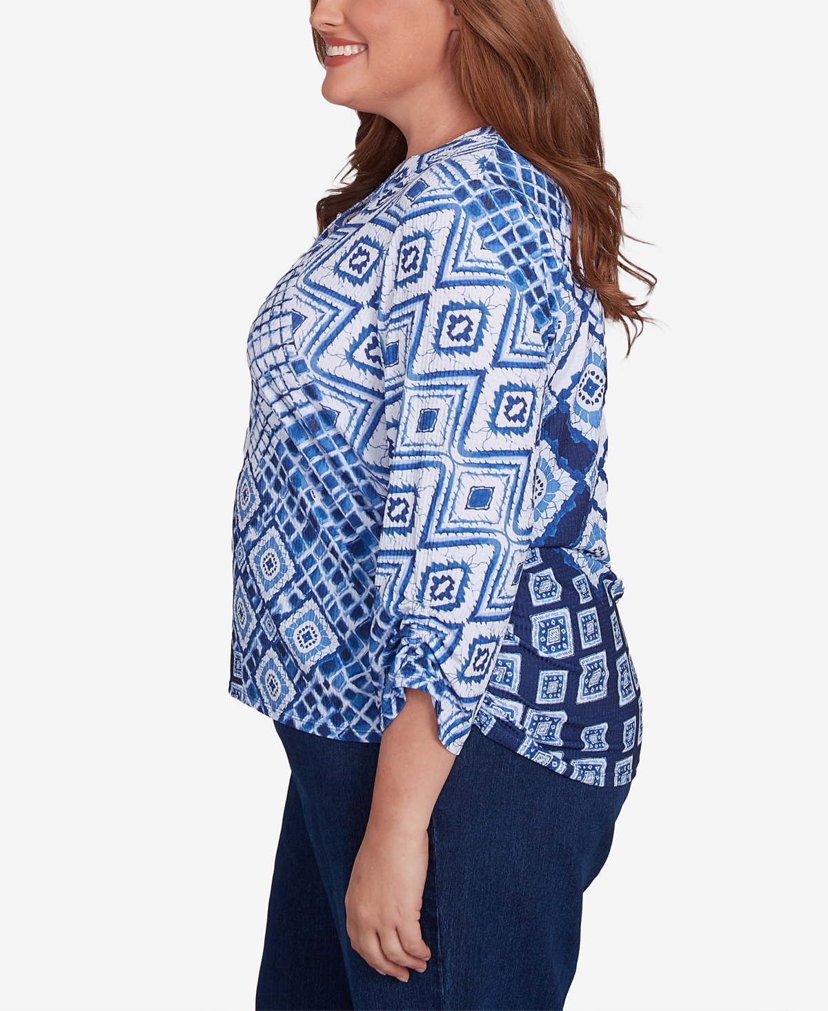 Alfred Dunner Plus Size Free Spirit Ikat Patched Geometric Top In Navy Multi