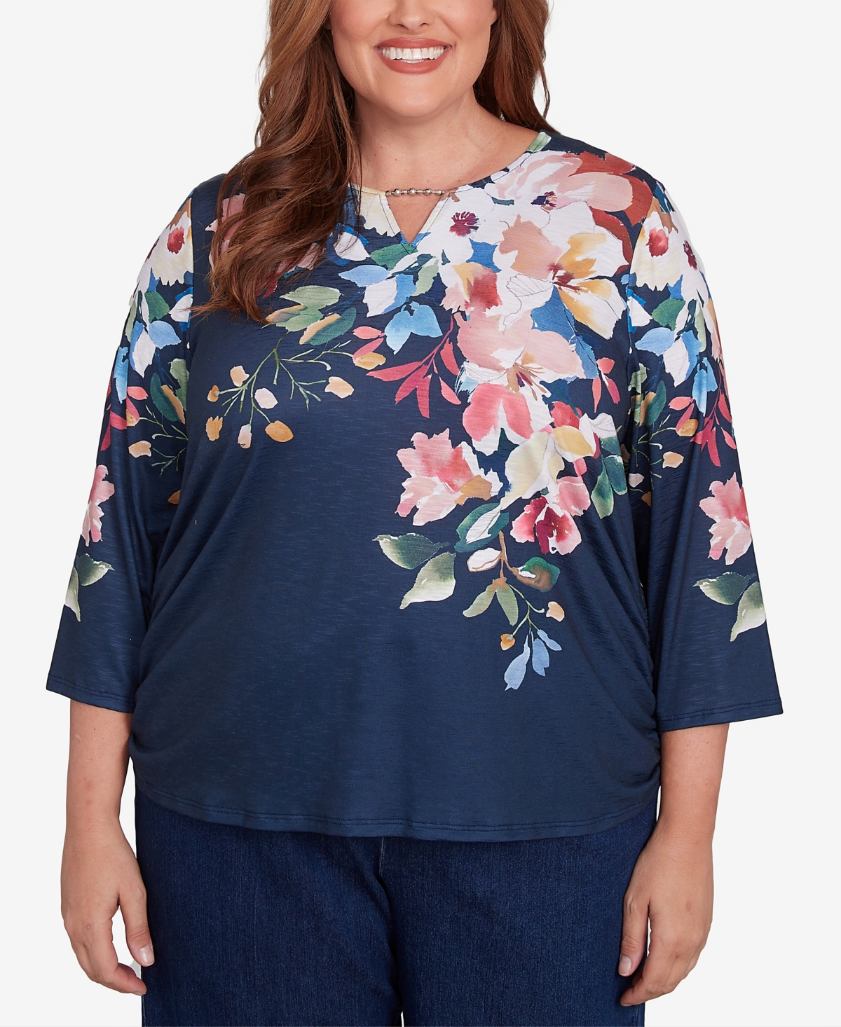 Plus Size Free Spirit Floral Knit Ruched Sleeve Top - Navy