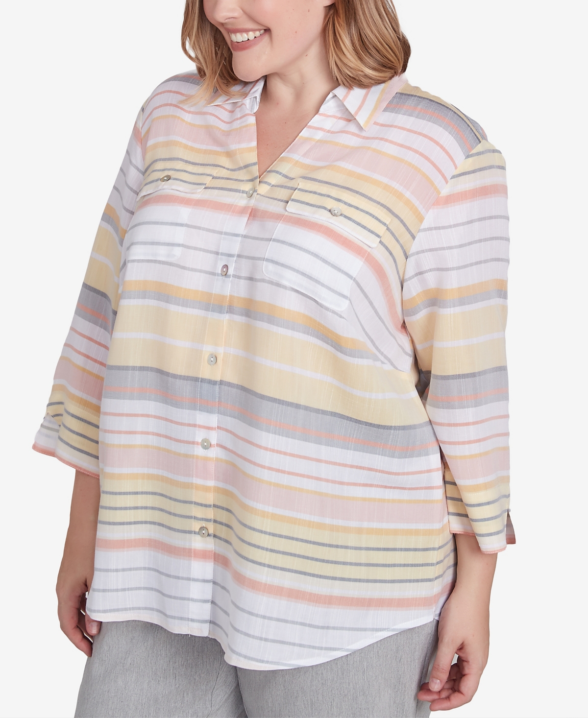 Alfred Dunner Plus Size Dress Code Button Down Striped Cuffed Sleeve Top In Multi Yellow