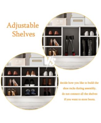 63 in. W White Wood 3-in-1 Hall Tree Coat Rack Shoe Storage Bench with 6-Metal Double Hooks, Shoe Rack and Shelves