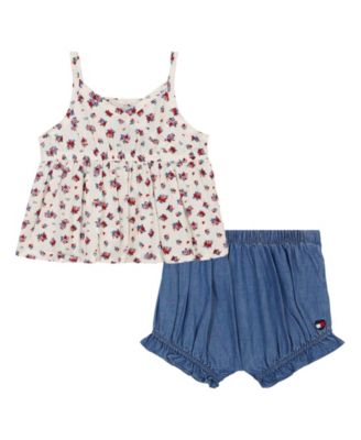 Baby Girl 2-Piece Floral Babydoll Top and Denim Bloomers Set