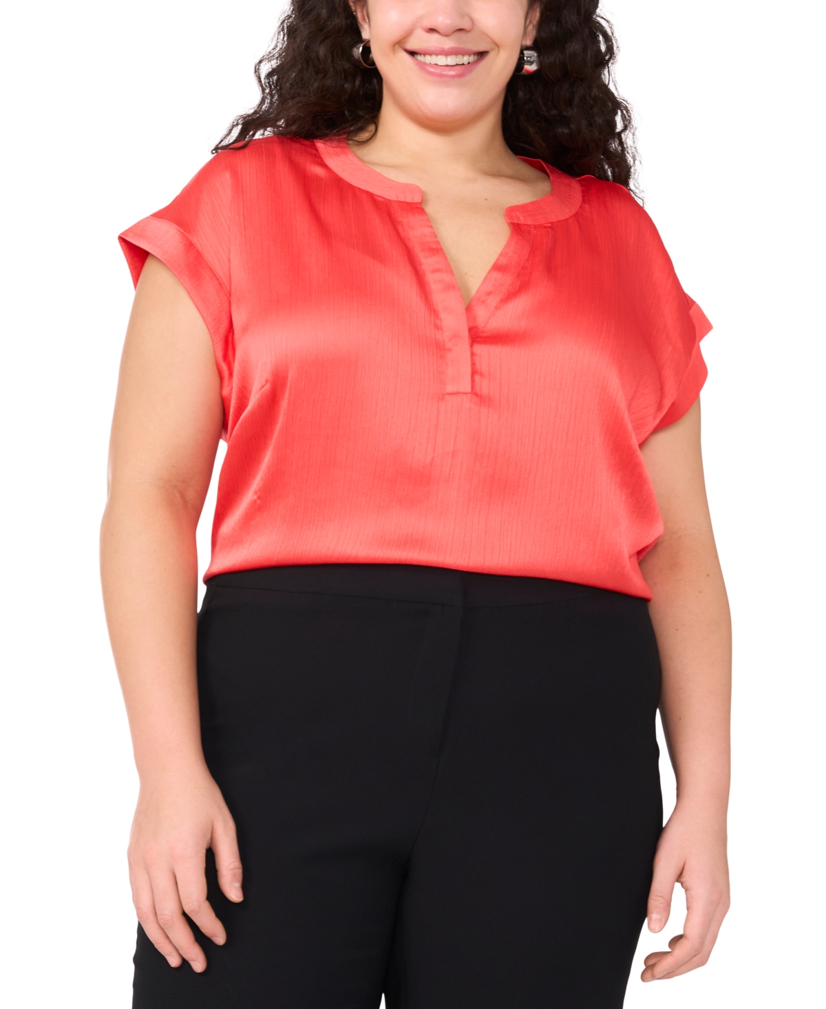 Vince Camuto Plus Size Solid Split-neck Short-sleeve Blouse In Coral