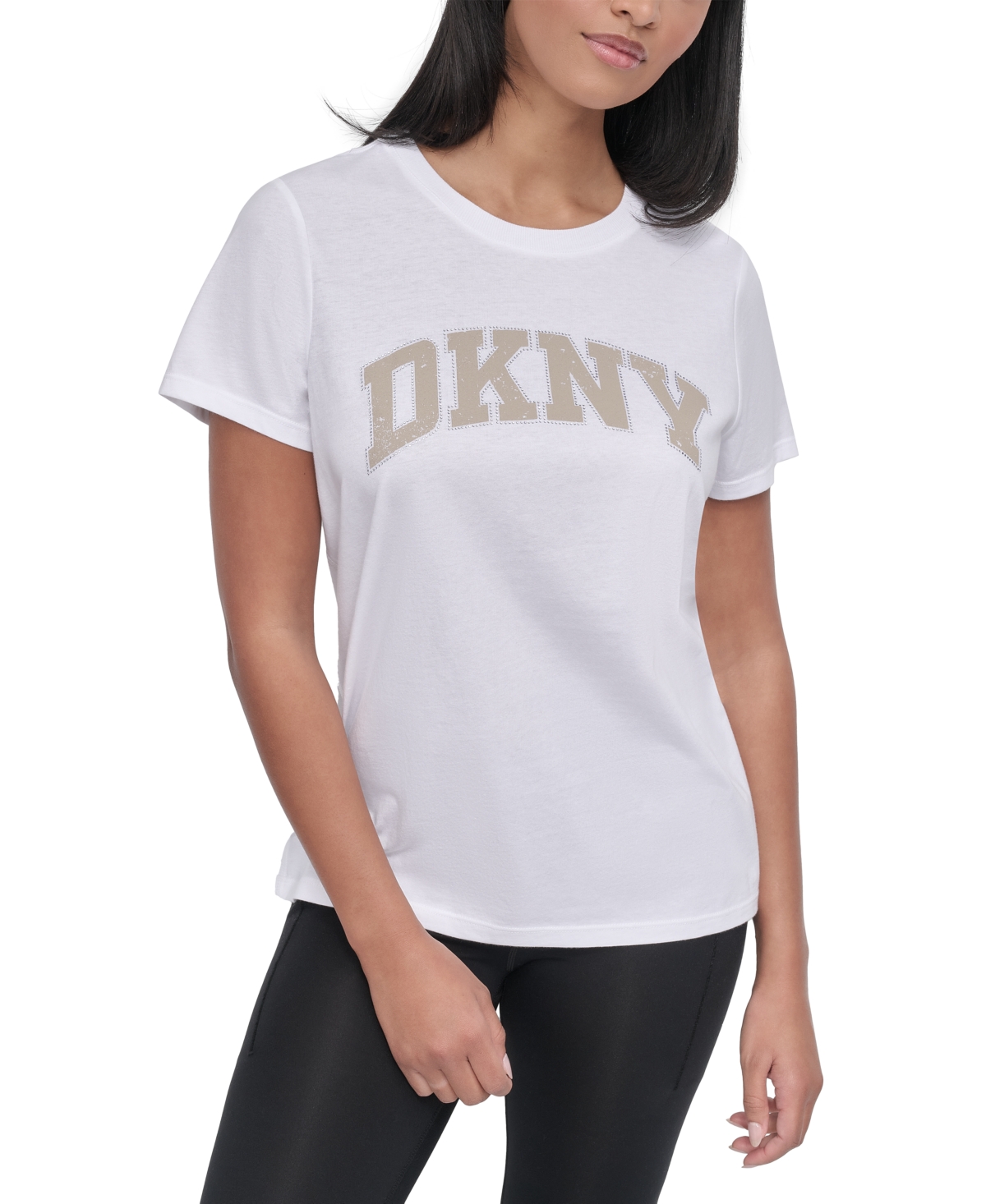 Dkny Women's Active Rhinestone-logo Distressed Crewneck Cotton T-shirt