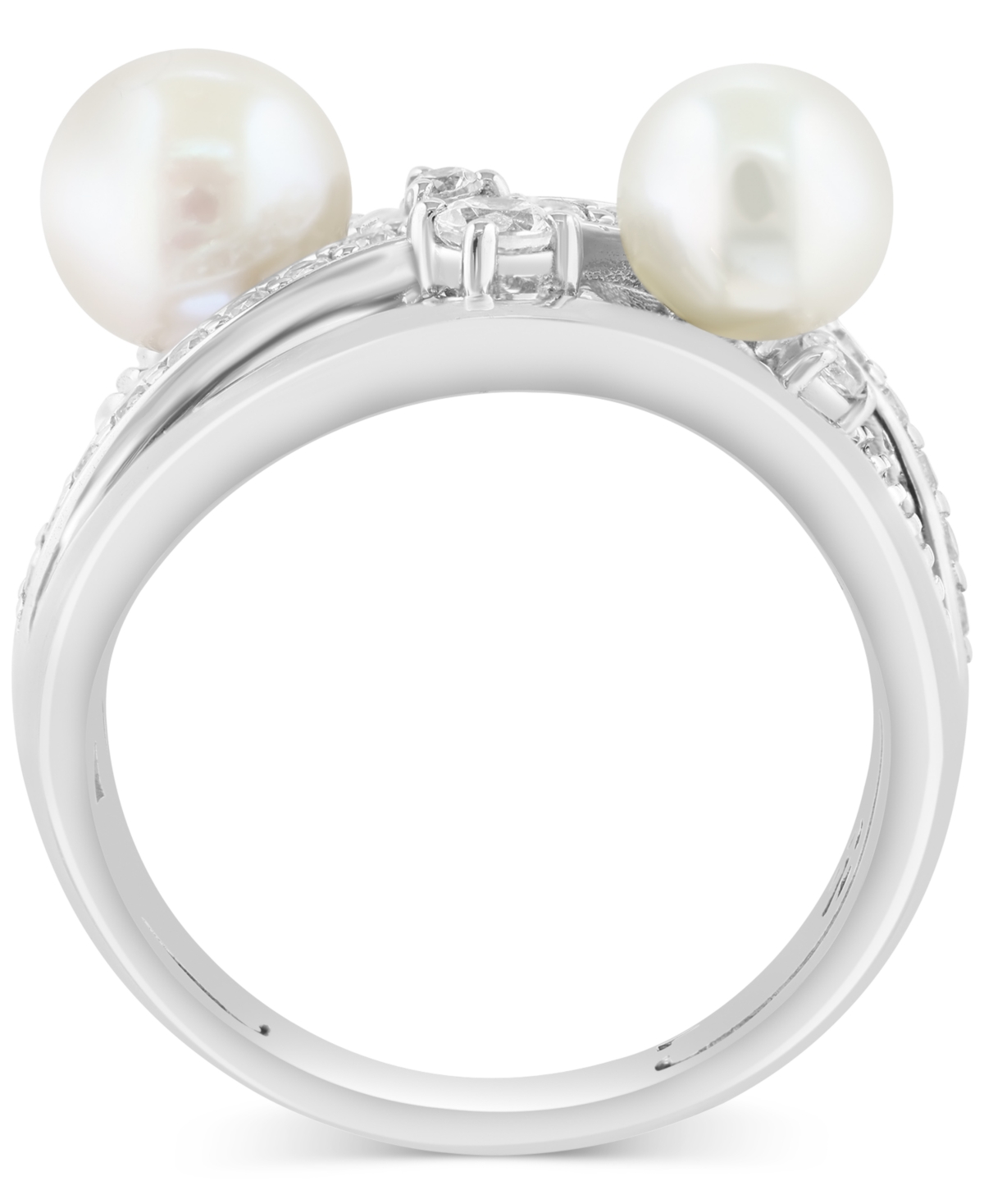 Effy Collection Effy Cultured Freshwater Pearl (6 & 7mm) & Zircon (5/8 Ct. T.w.) Crossover Statement Ring In Sterlin In Sterling Silver