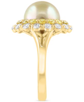 EFFY&reg; Cultured South Sea Pearl (10mm), Yellow Diamond (1-1/3 ct. t.w.) & White Diamond (5/8 ct. t.w.) Halo Ring in 14k Gold