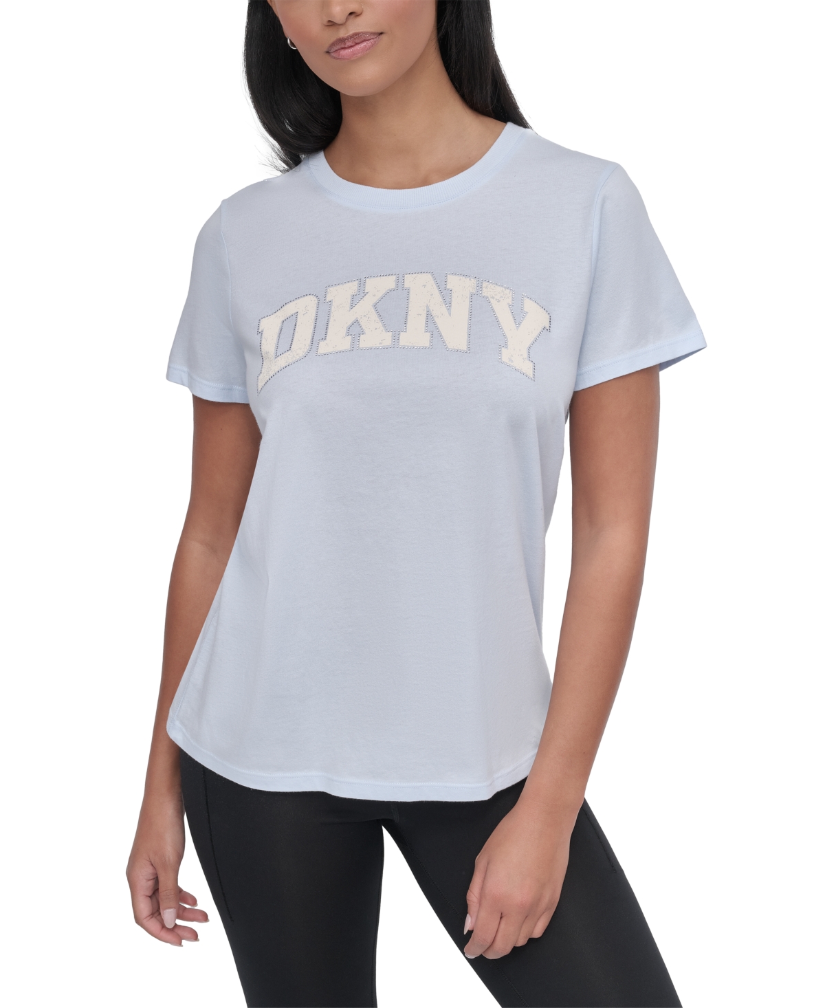 Dkny Women's Active Rhinestone-logo Distressed Crewneck Cotton T-shirt