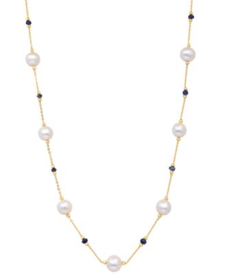 EFFY Collection - Cultured Freshwater Pearl (8mm) & Sapphire (2-1/10 ct. t.w.) 18" Collar Necklace in 14k Gold