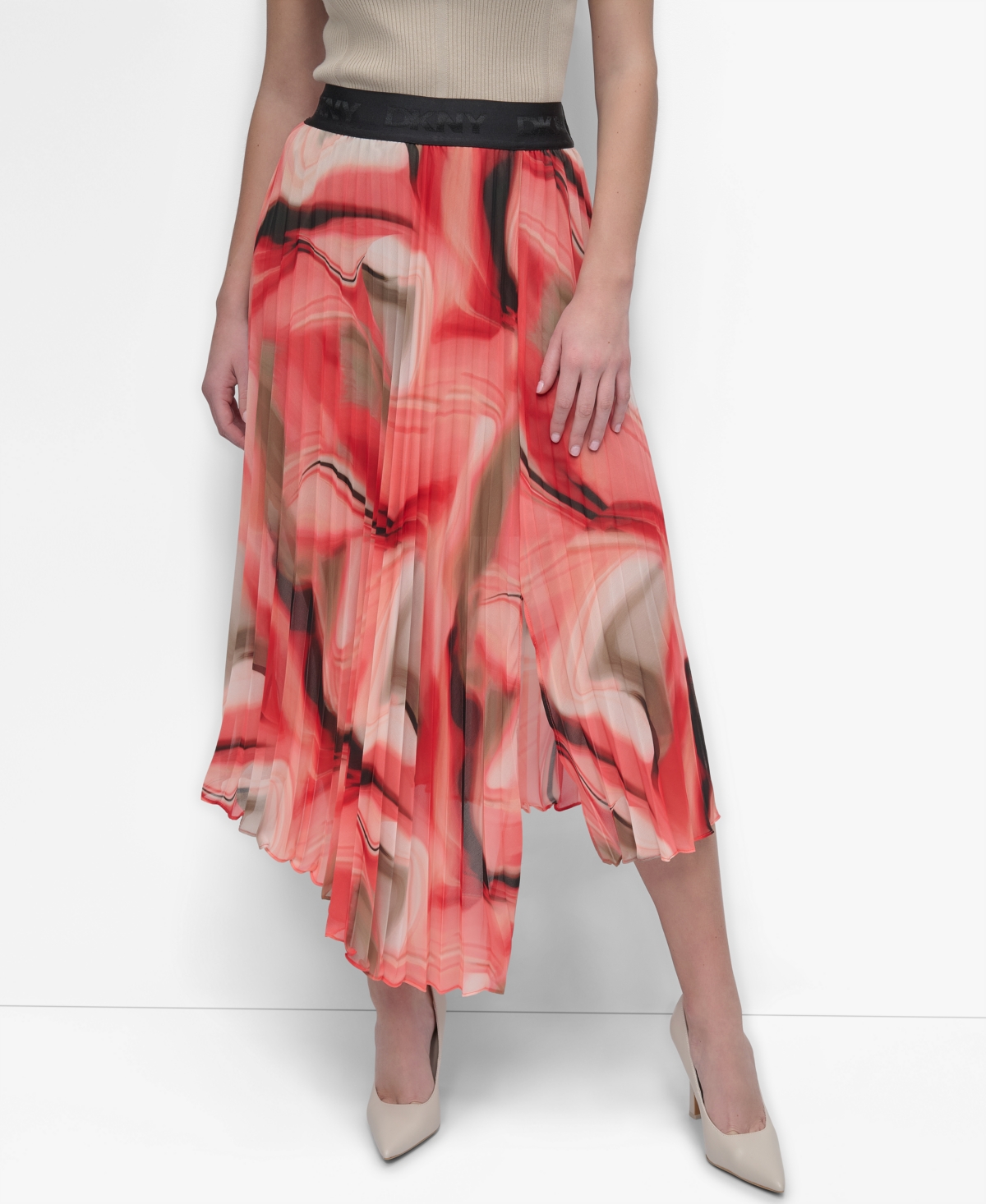 Dkny Print Pleated Asymmetric Midi Skirt In Brushd Marblews