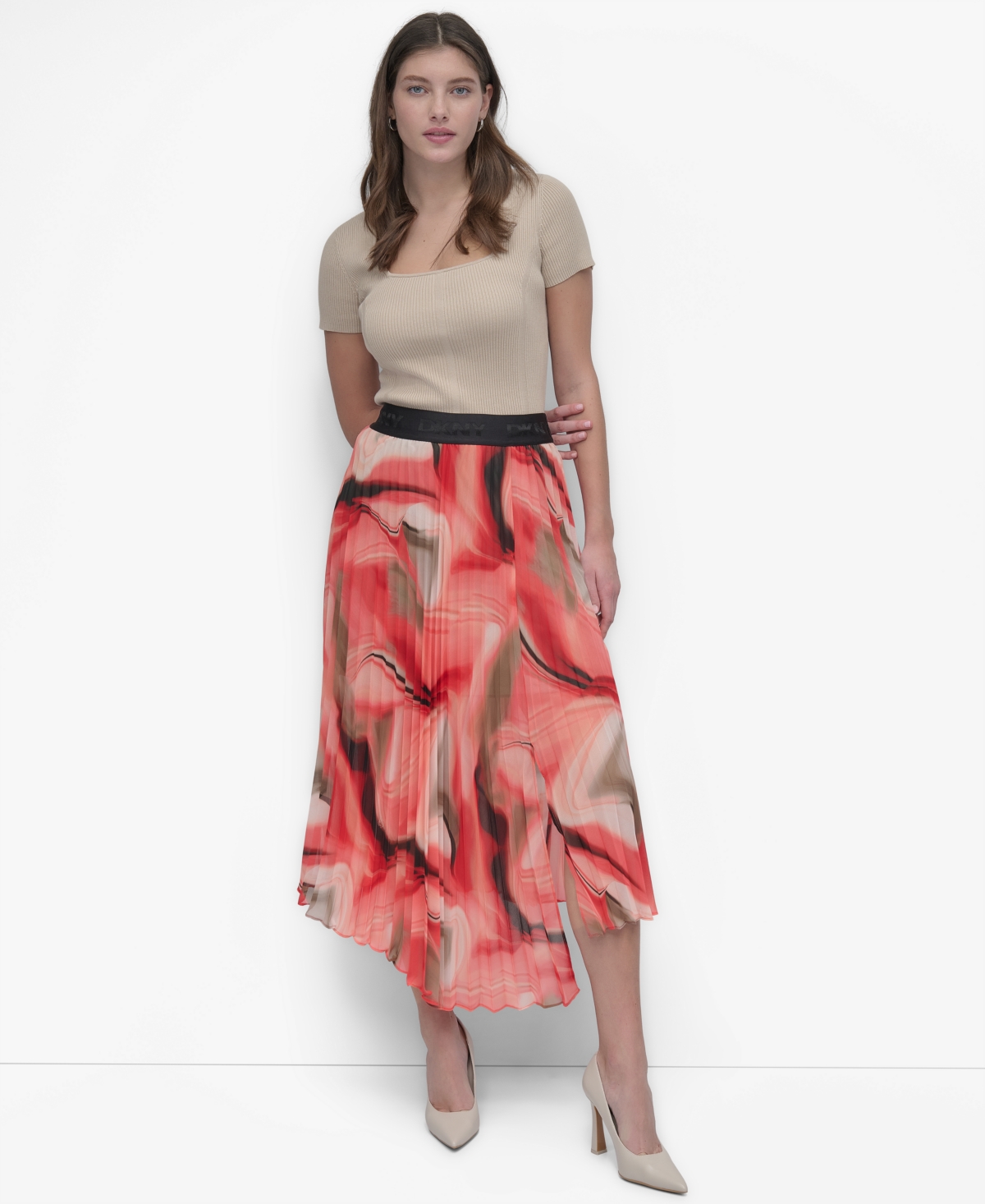 Dkny Print Pleated Asymmetric Midi Skirt In Brushd Marblews