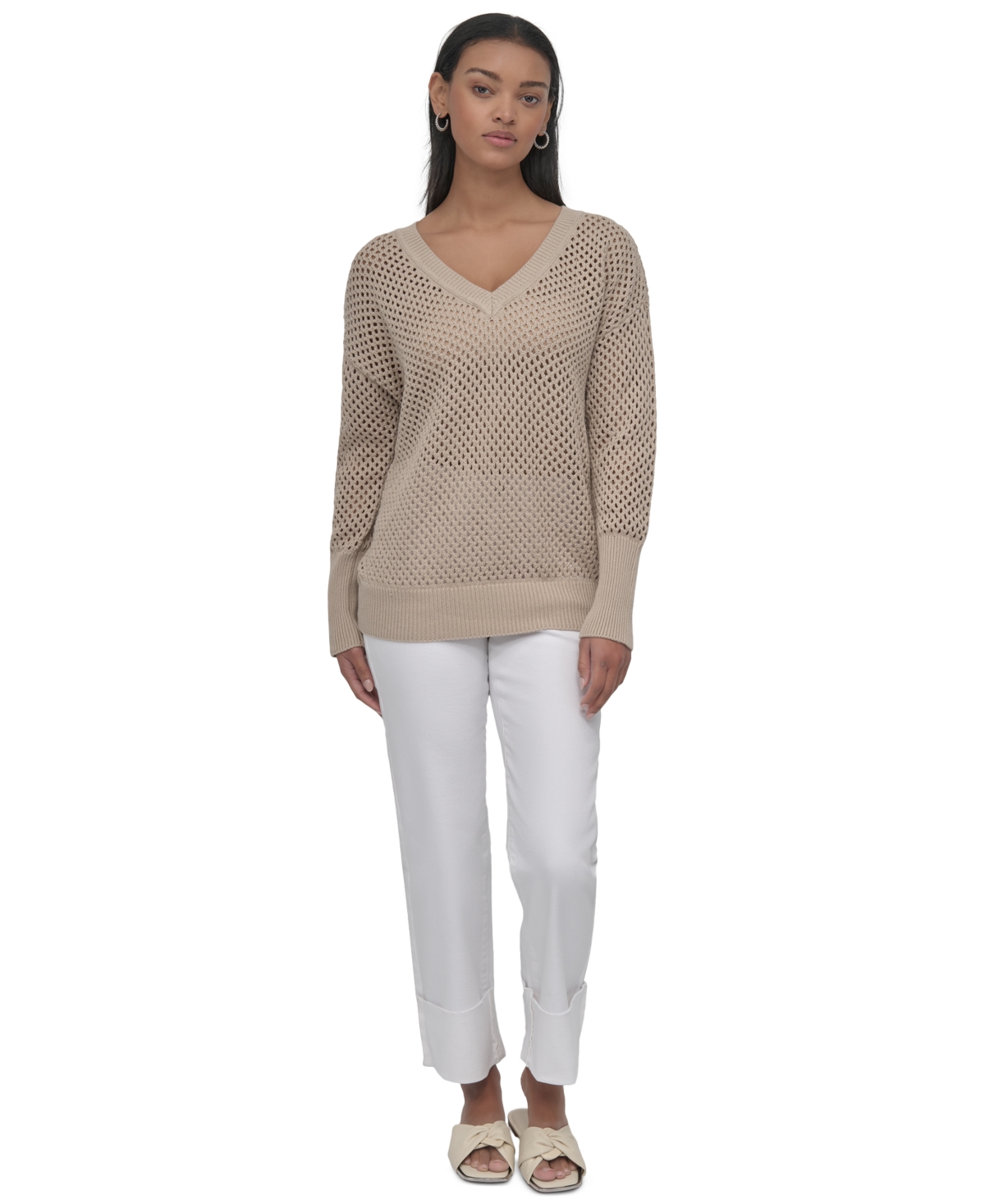 DKNY JEANS WOMEN'S COTTON OPEN-KNIT V-NECK SWEATER 