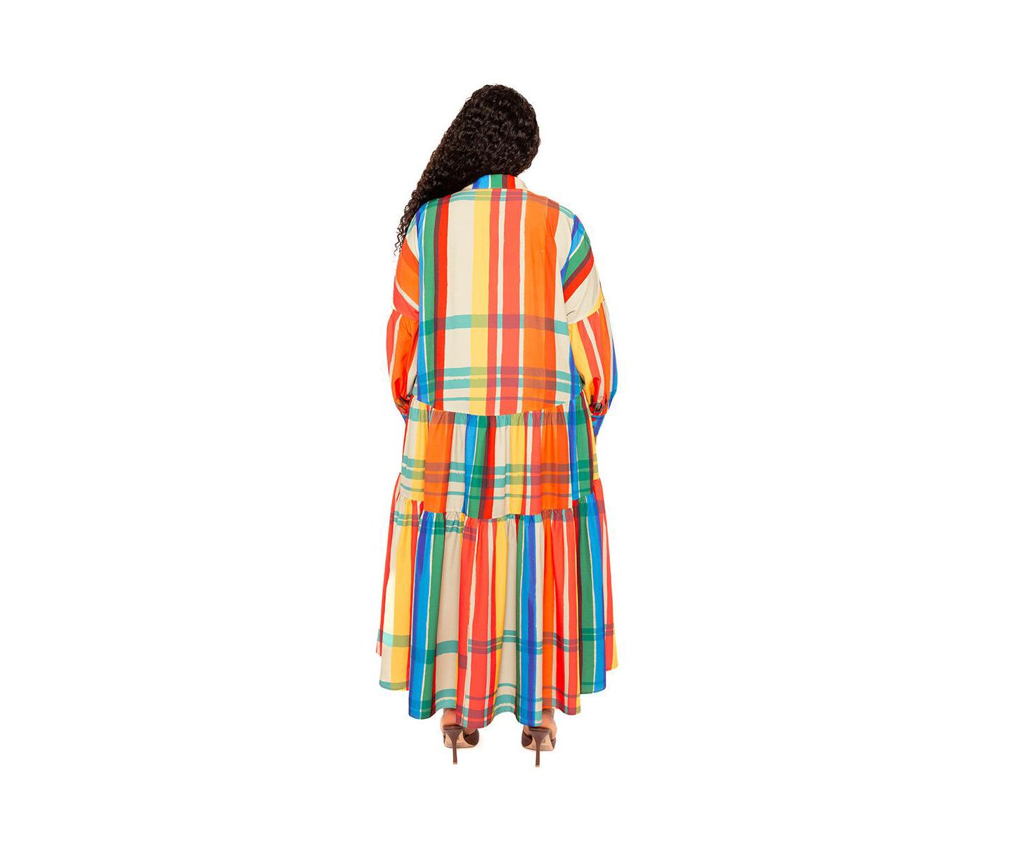 Женское платье Buxom Couture Plus Size Plaid Puff Sleeve Tiered Shirt Dress, цвет: Ржавый разноцветный — фото 3