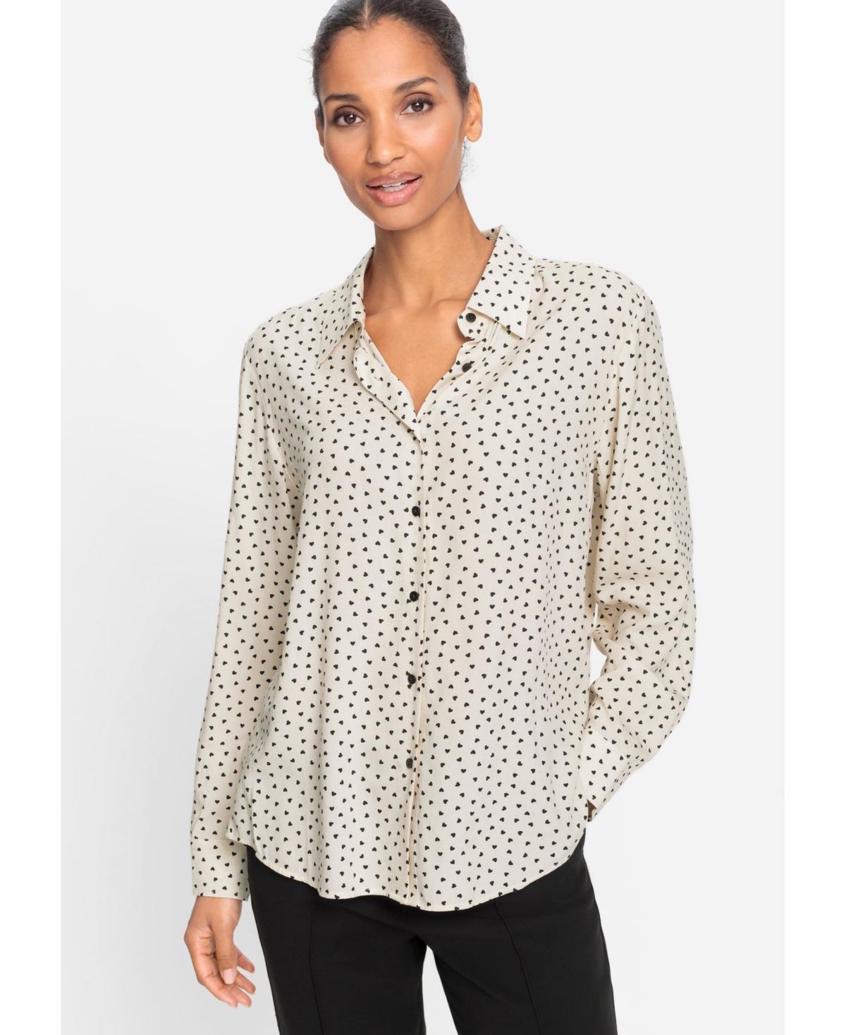 Women's Heart Print Button Front Shirt - Canvas beige