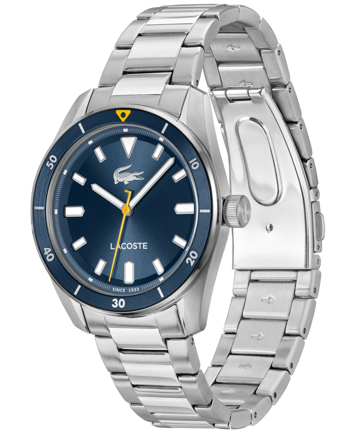Lacoste Men's Boston Silver Tone Stainless Steel Bracelet Watch, 39mm In Navy