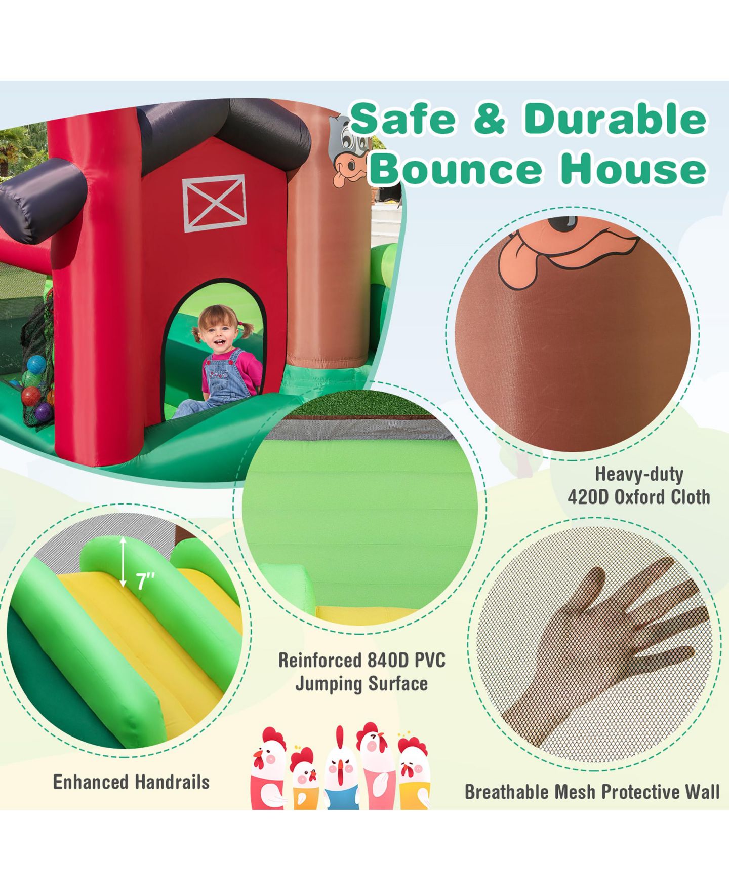Детские игрушки Costway Farm Themed Inflatable Bounce House with Double Slides and Ball Pit, 140"L x 130"W x 87"H, от 3 лет, цвет: Зелёный — фото 8