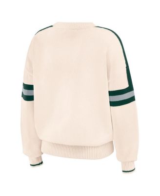Women's Cream Michigan State Spartans Chenille Woven Patch Stripe Pullover Sweater