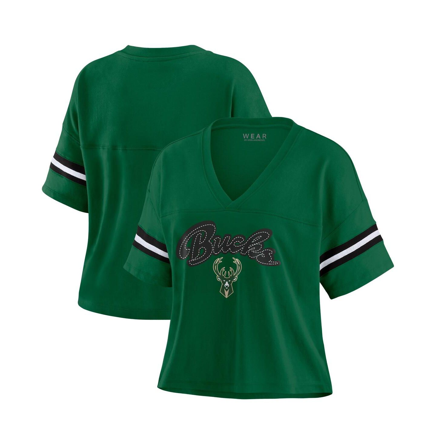 Женская футболка WEAR by Erin Andrews Hunter Green Milwaukee Bucks Plus Size Color Block Boxy V-Neck — фото 1