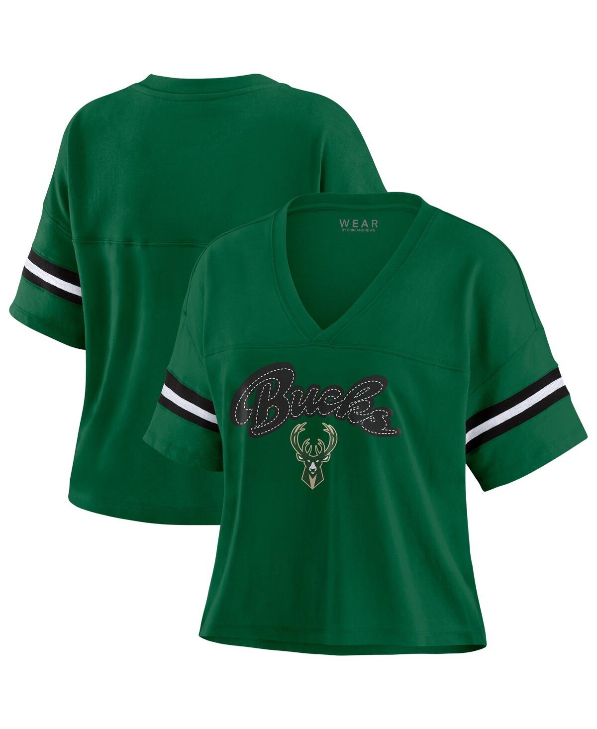 Wear By Erin Andrews Women's Hunter Green Milwaukee Bucks Plus Size Color Block Boxy V-neck T-shirt In Hunter Green