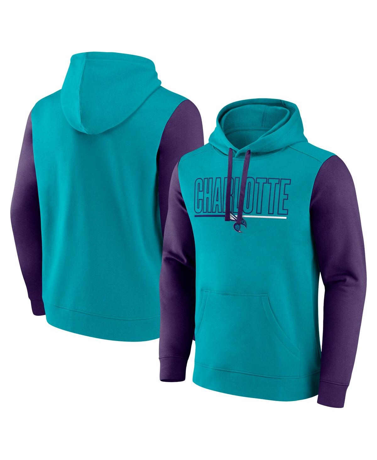 Men's Teal Charlotte Hornets Outline Colorblock Pullover Hoodie - Teal