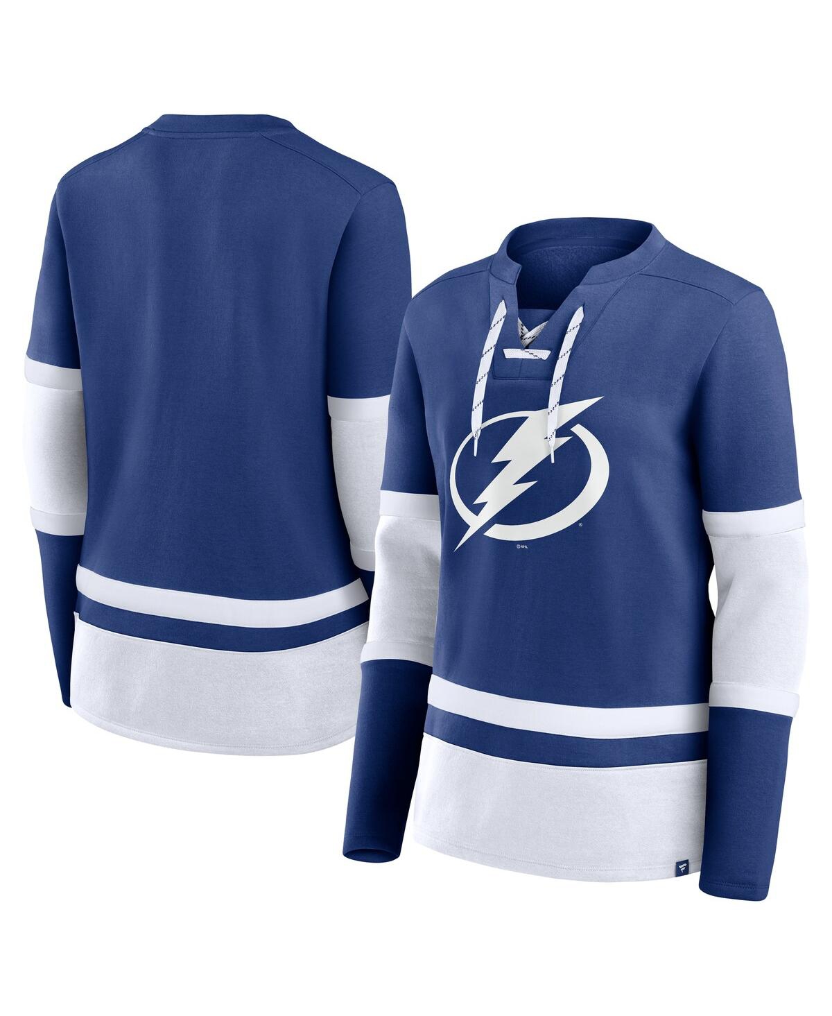 Fanatics Women's Blue Tampa Bay Lightning Prime Time Lace-up Long Sleeve T-shirt In Blue,white