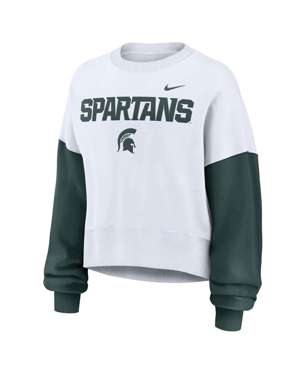 Nike Women's White Michigan State Spartans Color-block Oversized Cropped Pullover Sweatshirt In White