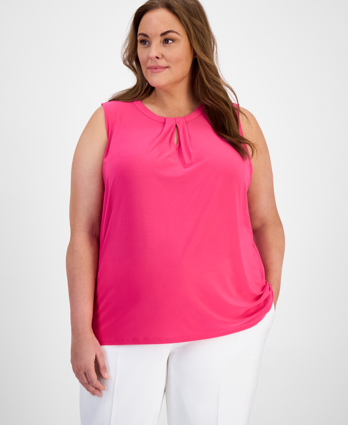 Plus Size Sleeveless Pleat-Neck Keyhole Top - Pink Perfection