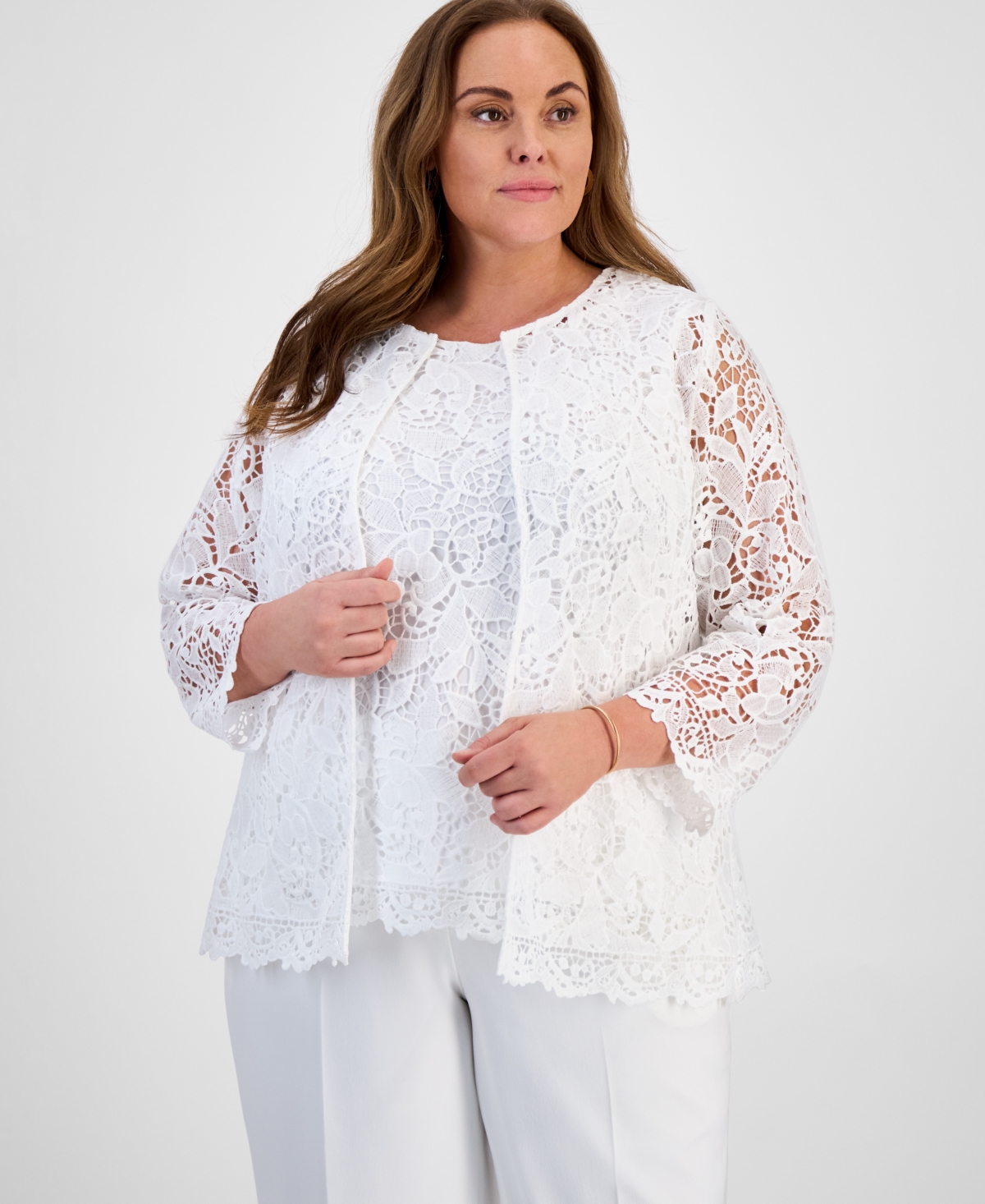 Kasper Plus Size Lace Open-front Cardigan In Lily White