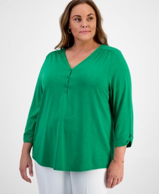 Kasper - Plus Size Draped 3/4-Sleeve Henley Top