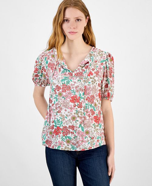 alfani Tommy Hilfiger Women's Floral Tie-Neck Puff-Sleeve Top Women's Fashion Shoes & Accessories