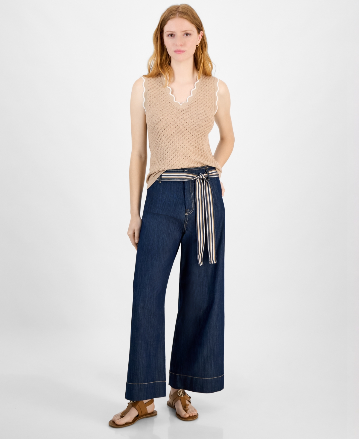 TOMMY HILFIGER WOMEN'S BELTED HIGH RISE WIDE-LEG JEANS 